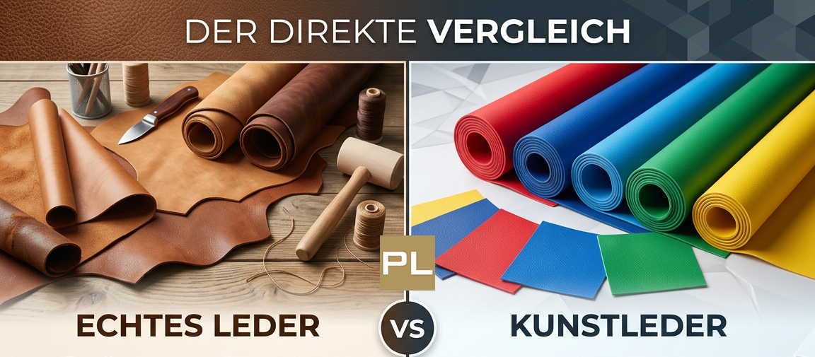 Ein detaillierter direkter Vergleich von Echtleder und Kunstleder in einer Übersicht ihrer Vor- und Nachteile für DIY-Lederprojekte. Die Grafik vergleicht Langlebigkeit, Atmungsaktivität, Reparierbarkeit und Preis.