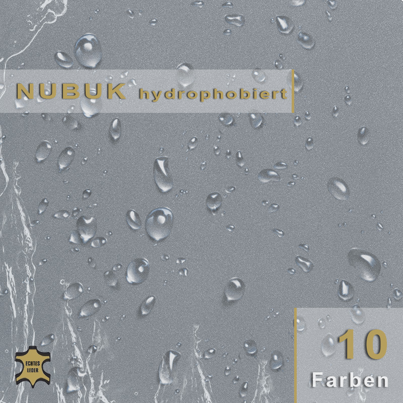 Nubuk Leder hydrophobiert – Samtiges Echtleder, wasserfest. Wasserabweisendes Nubukleder, hydrophobiert für maximale Beständigkeit und samtweiche Haptik bei anspruchsvollen Möbelbezügen.