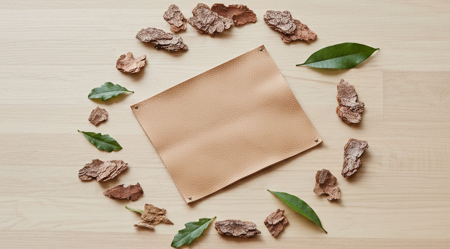 Handwerk & Natur: Pflanzengerbung erklärt Lederhaut-Probe mit Rinde und Blättern als Symbol für natürliche Tannin-Gerbung auf Holzgrund.