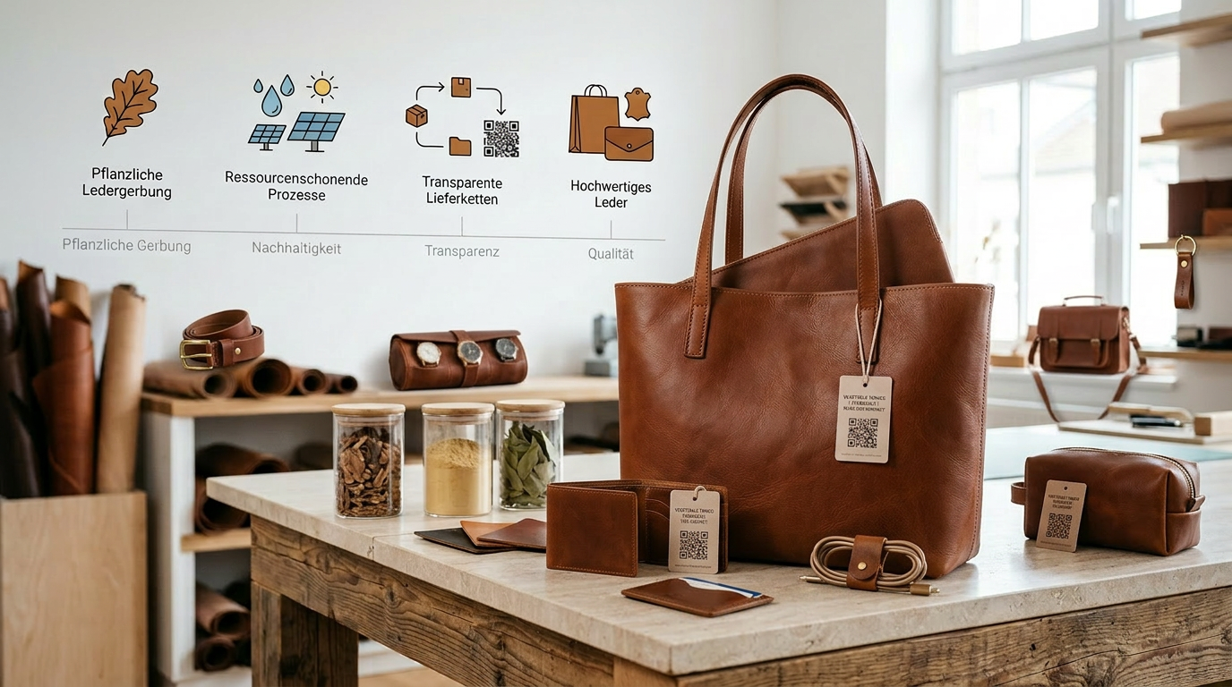 Nachhaltiges Lederhandwerk: Pflanzliche Gerbung & Transparenz | ProjektLeder.at Braune Lederhandtaschen und Accessoires mit QR-Code-Tags für Rückverfolgbarkeit auf einem Holztisch in einer Werkstatt. Vier Grafiken oben zeigen Icons für pflanzliche Gerbung, Ressourcenschonung, transparente Lieferketten und hochwertige Qualität.