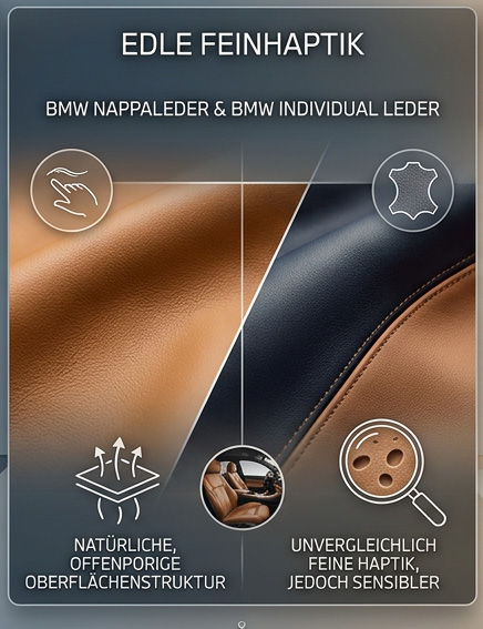 Unvergleichlich feine Haptik durch echtes BMW Nappaleder und exklusives Individual Leder bei projektleder.at.