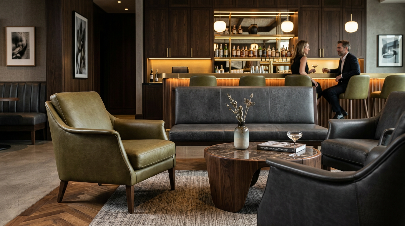 Exklusive Hoteleinrichtung mit maßgefertigten Polstersesseln und Sofas aus robustem Echtleder im modernen Design