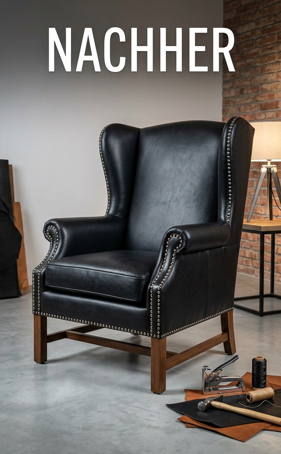 Restaurierter Sessel nach dem Tapezieren mit hochwertigem Möbelleder – ein glänzendes Ergebnis für die eigene Werkstätte.