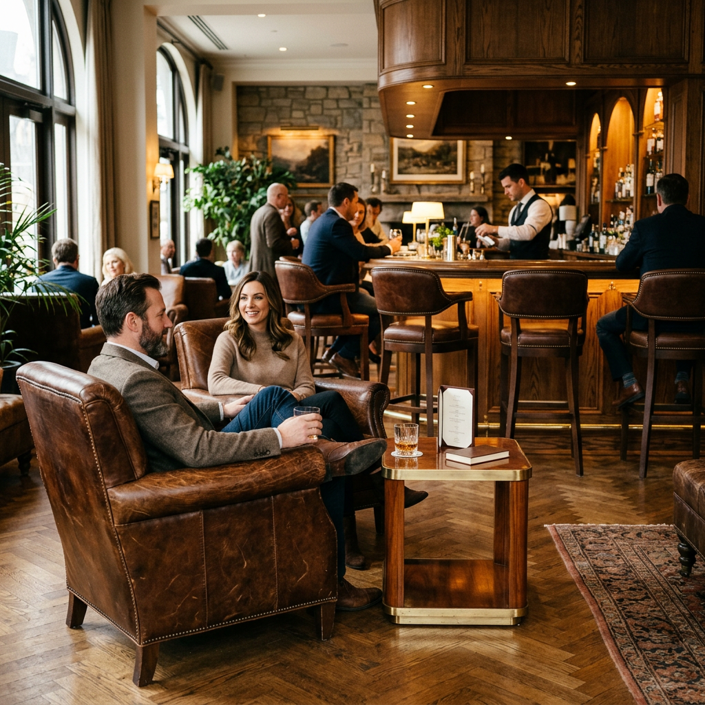 Traditionelle Hotelbar mit hochwertig gepolsterten Eichenbarhockern und Ledersesseln im klassischen Gastgewerbe Interieur