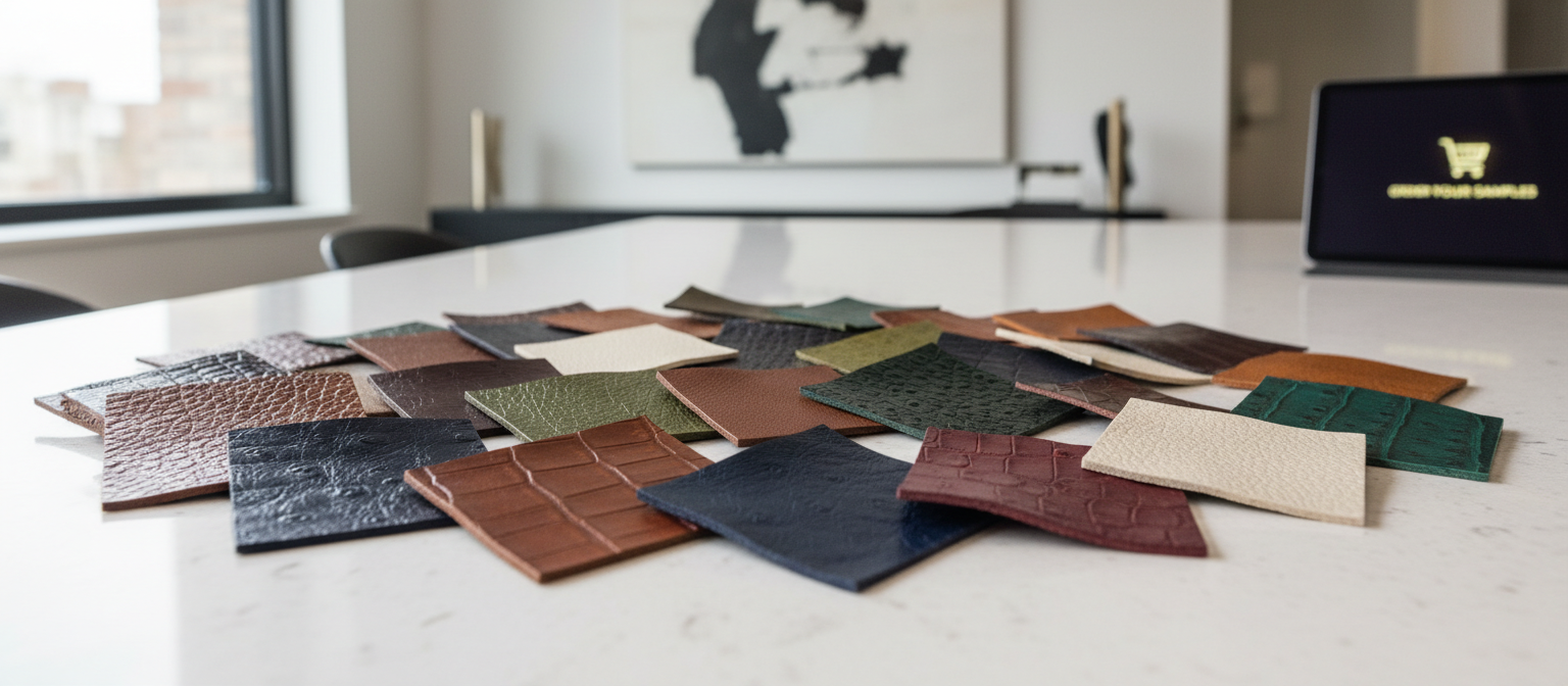 Ledermuster-Service: Material, Farbe und Haptik in der eigenen Werkstätte in Ruhe prüfen. Diverse Ledermuster zur Auswahl für das Tapezieren von Sesseln oder die individuelle Wagen-Ausstattung.