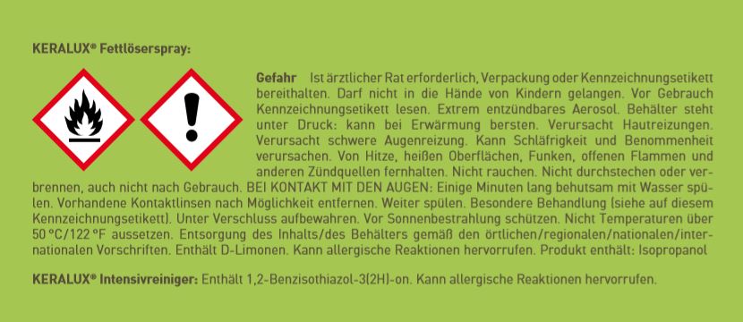 Sicherheitshinweis Keralux. Sicherheitshinweis auf der Rückseite des Produktes.