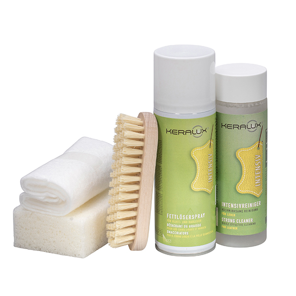 KERALUX Spezialset – Effektive Hilfe gegen Schweißflecken und Fettstellen auf Leder. KERALUX Reinigungs-Set gegen Schweiß und Verspeckung an Kopfstützen und Lehnen für hygienisch saubere Lederoberflächen im Haushalt.
