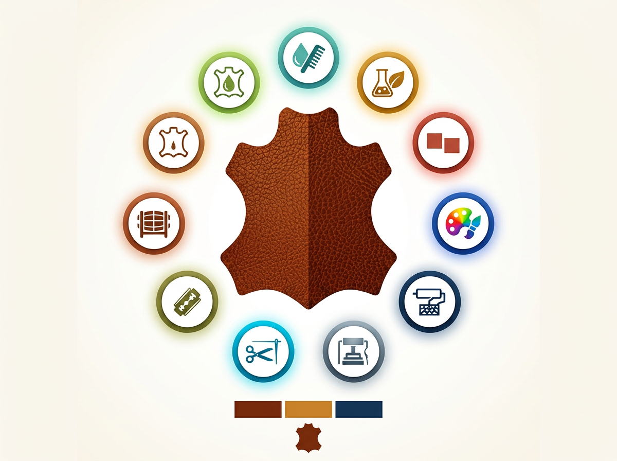 Leder-Know-how: Von der Haut zum Meisterstück Leder-Know-how: Kreisförmige Grafik zeigt 10 handwerkliche Stufen wie Gerben, Färben und Nähen um ein strukturiertes Lederhaut-Symbol.