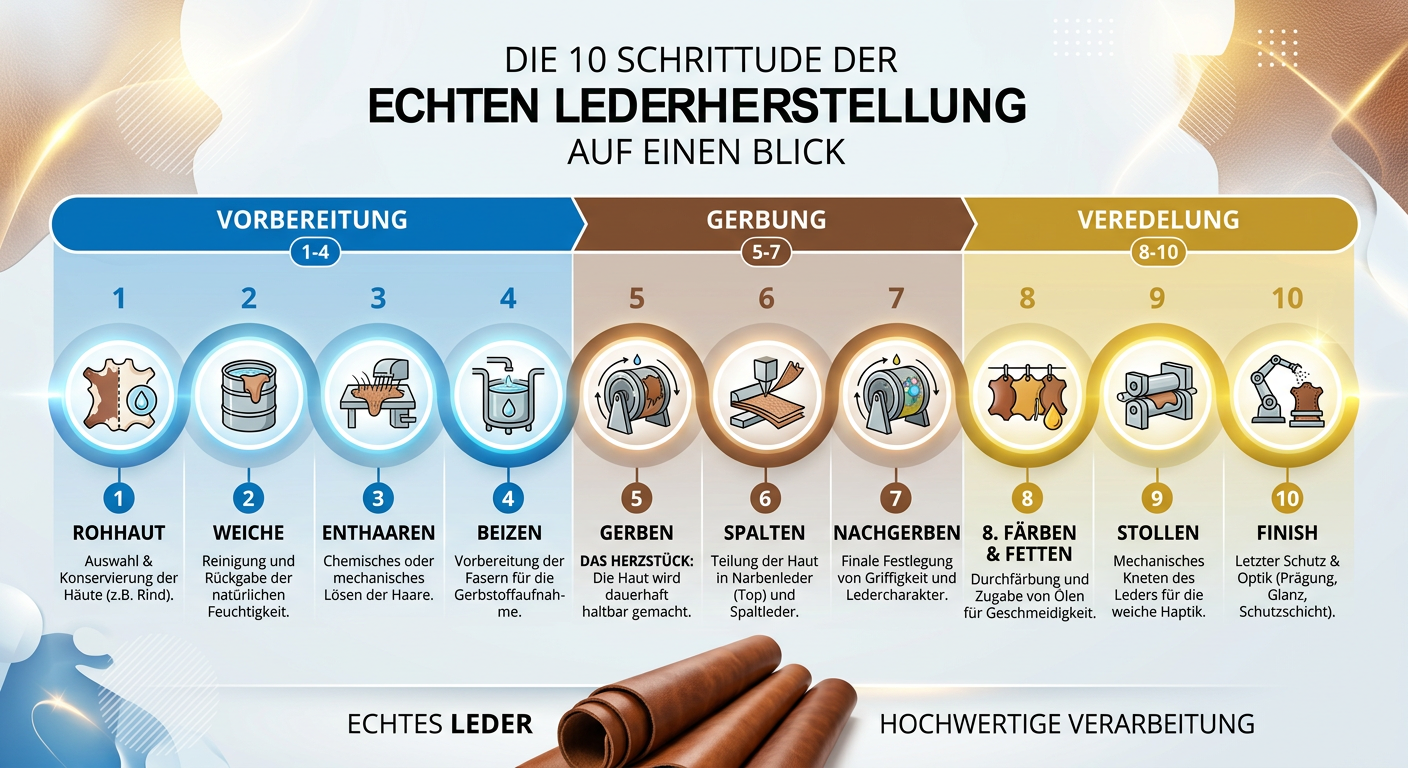 Echte Lederherstellung im Überblick: Die 10 Phasen der Produktion von Rohhaut bis zur hochwertigen Veredelung. Prozess der Lederproduktion: Übersicht der 10 Phasen der Veredelung von hochwertigem Echtleder.