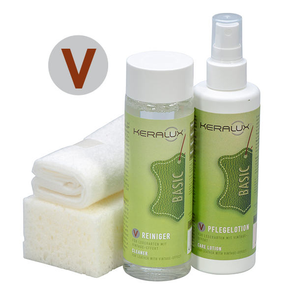 KERALUX Set V – Die richtige Pflege für Leder im Vintage-Stil. KERALUX Set V für Vintage-Leder zur Reinigung und zur Bewahrung der natürlichen Optik sowie der Patina erwerben.