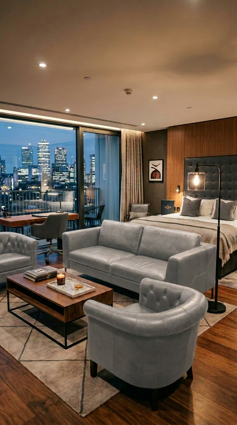 Premium Objektleder fuer exklusive Hotelprojekte Elegantes Hotelzimmer Design mit maßgefertigten Polstermoebeln aus hellgrauem Echtleder fuer gehobene Ansprueche
