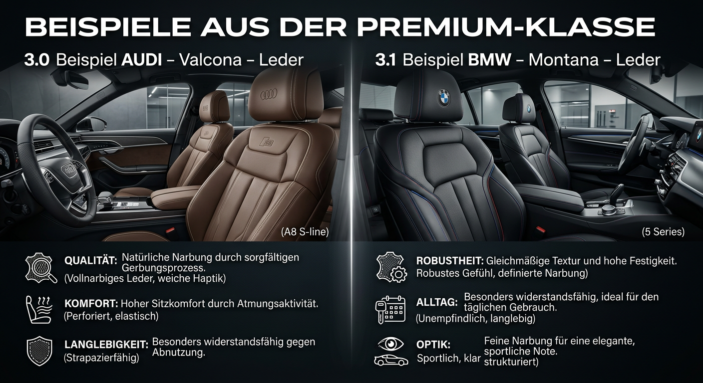 Infografik zum Vergleich von Audi Valcona und BMW Montana Leder: Fokus auf Narbung, Komfort und Beständigkeit im Wagen-Interieur.