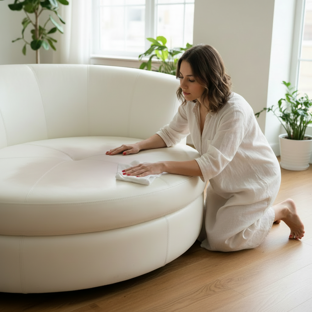 Glattleder Vorher – Typische Verschmutzung auf gedeckten Lederbezügen. Verschmutztes pigmentiertes Glattleder vor der Reinigung und Versiegelung mit dem bewährten KERALUX Set P.