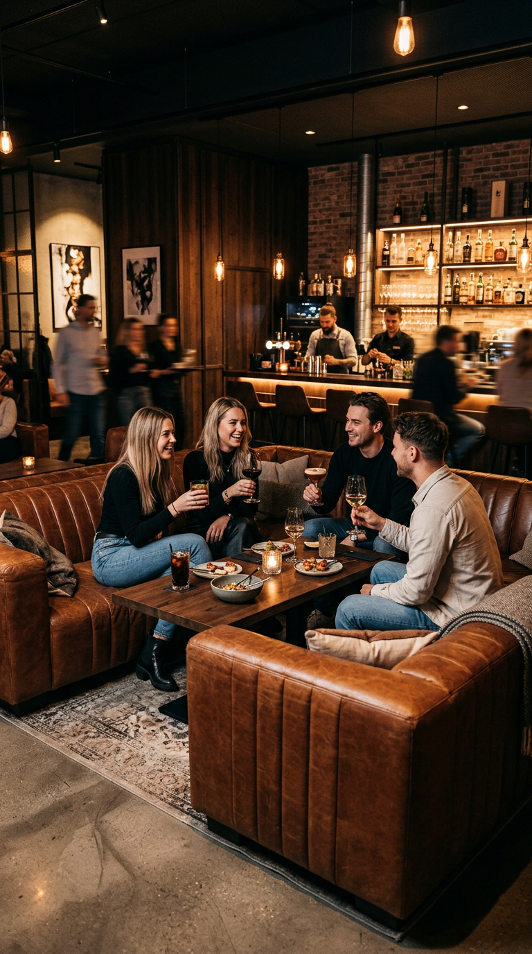 Strapazierfaehiges Polsterleder in Cognacbraun auf Clubsofas im gewerblichen Einsatz einer modernen Bar