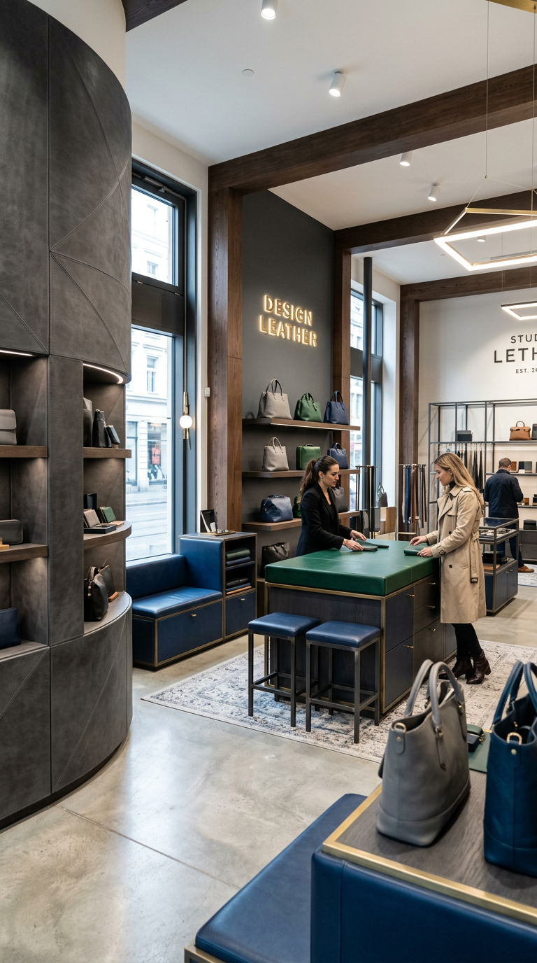 Premium Objektleder fuer anspruchsvollen Ladenbau Edle Geschaeftsausstattung mit lederbezogenen Moebeln und Wandelementen im modernen Store Design