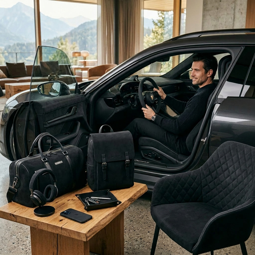 Premium sports car interior featuring Alcantara SOFT steering wheel with matching luxury travel bags and quilted armchair