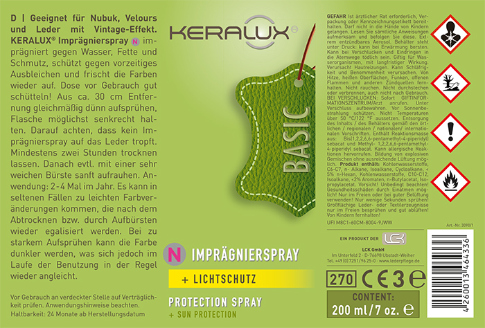 KERALUX Set N Instruktionen – Pflege-Anleitung für samtweiches Rau- und Nubukleder. Pflegehinweise auf der Packung des KERALUX Sets N für die Reinigung und Imprägnierung von Rau- und Nubukleder.