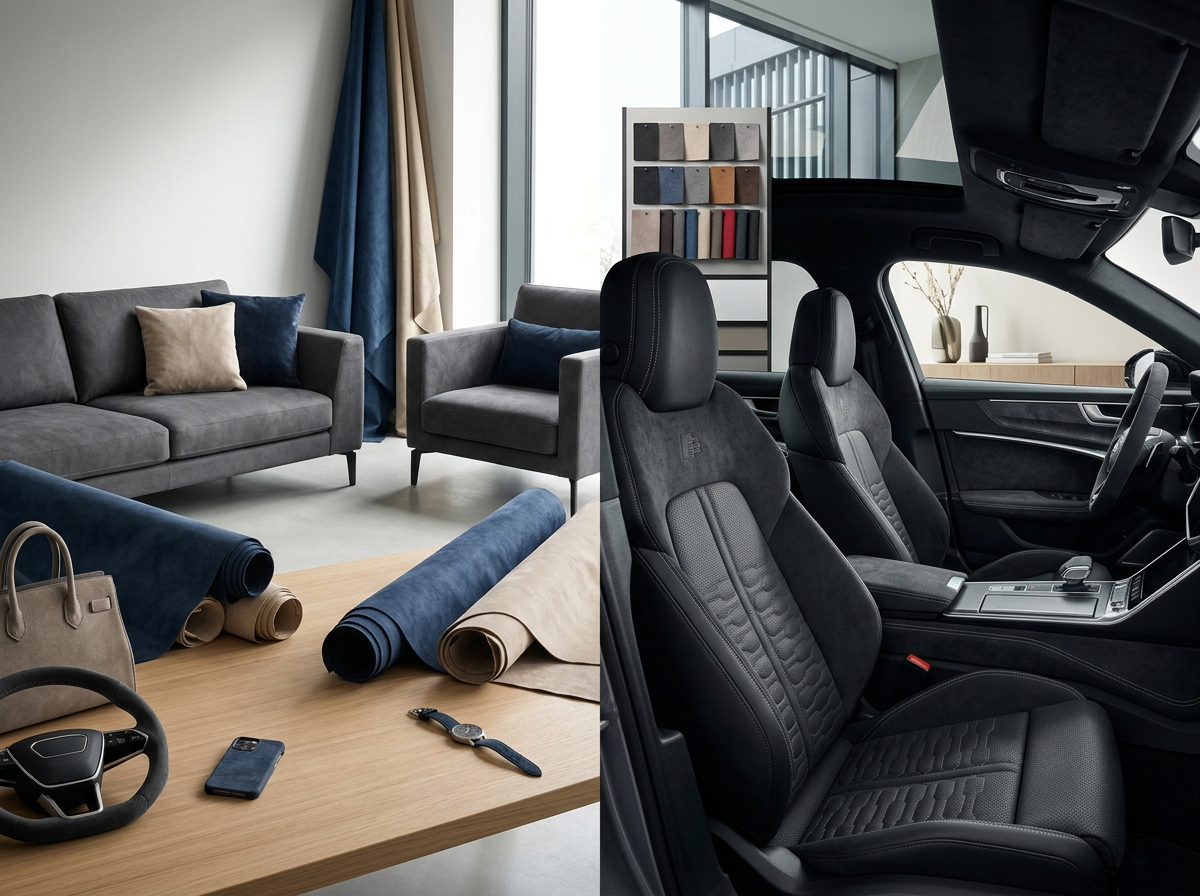 Alcantara Referenzen für Handwerk und Design Zusammenstellung edler Alcantara-Projekte inklusive farbenfroher Stoffrollen für professionelle Polsterer und Sattler.