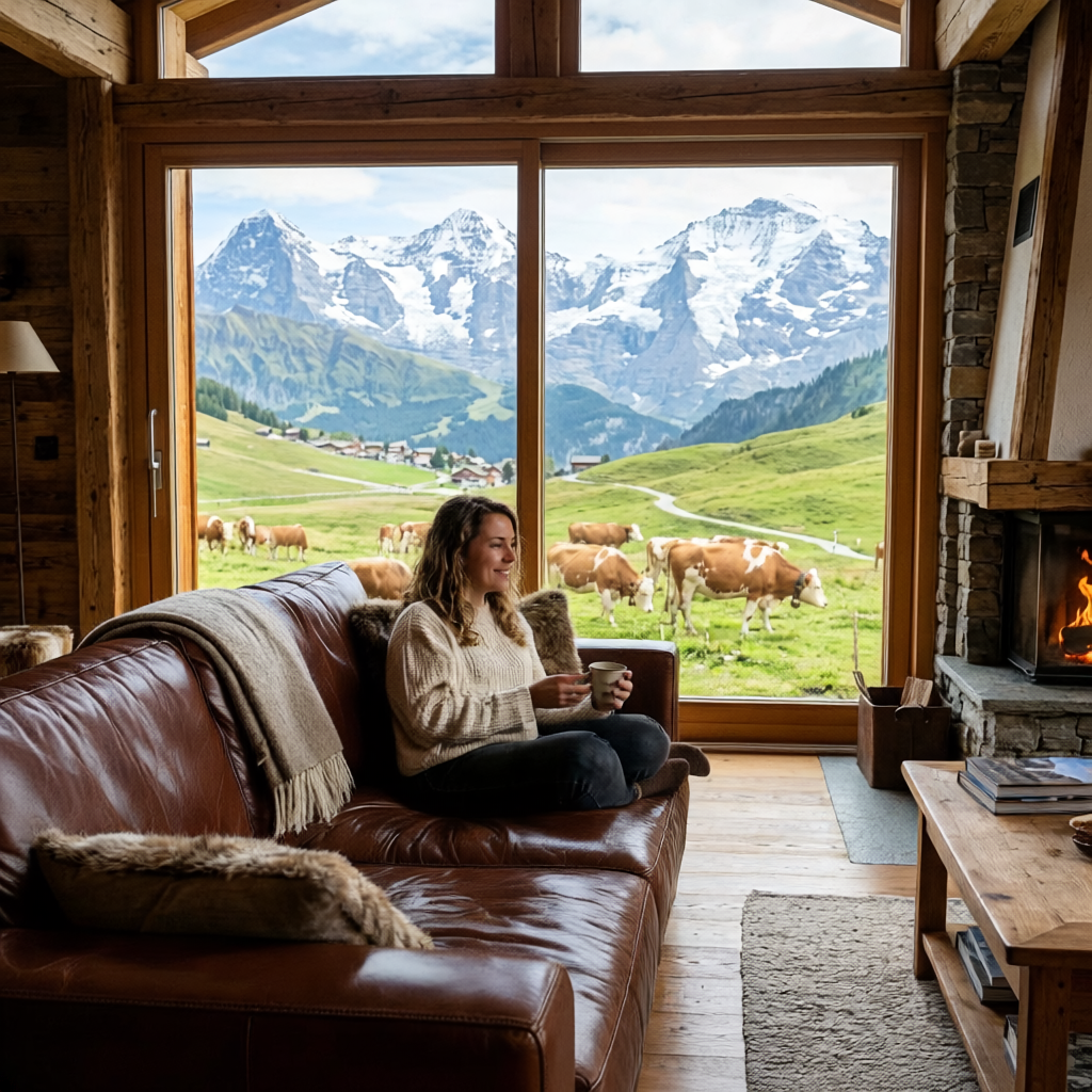 Gemütliches Sofa aus Rindsleder vor Alpenpanorama. Natürliches Polsterleder für Langlebigkeit und beste Haptik.