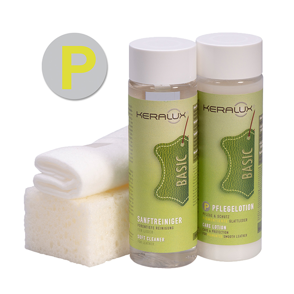 KERALUX Set P – Optimaler Schutz für gedeckte und pigmentierte Leder. KERALUX Set P für pigmentierte Glattleder zur fachgerechten Reinigung und Pflege von Ledermöbeln und Autositzen sichern.