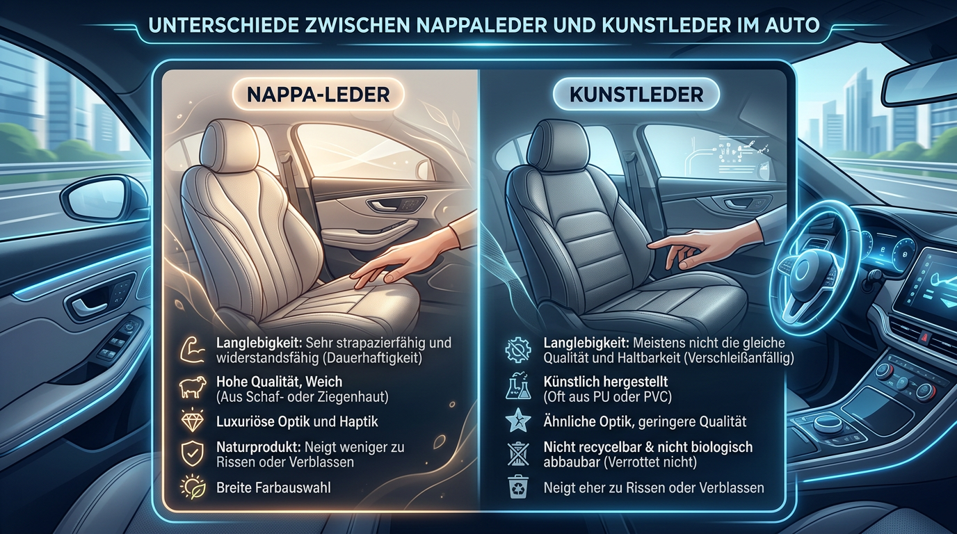 ergleich Nappaleder & Kunstleder für das Wagen-Interieur: Vor- und Nachteile bei Haptik, Dauerhaftigkeit und Herkunft.