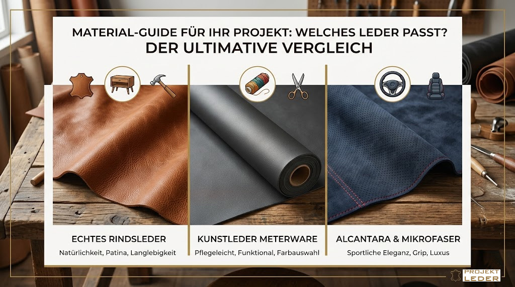 Vergleich von echtem Rindsleder, Kunstleder als Meterware und Alcantara für Polsterarbeiten und KFZ-Tuning.