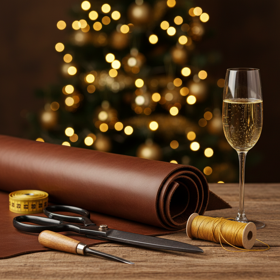 Weihnachtsgrüße & Anstoßen auf ein ereignisreiches Leder-Jahr 2027 Lederverarbeitung zu Weihnachten: Rolle braunes Leder, Schere, Garn und Maßband auf einem rustikalen Holztisch. Ein Glas Champagner im Vordergrund. Weihnachtsbaum mit goldenen Lichtern im Hintergrund.
