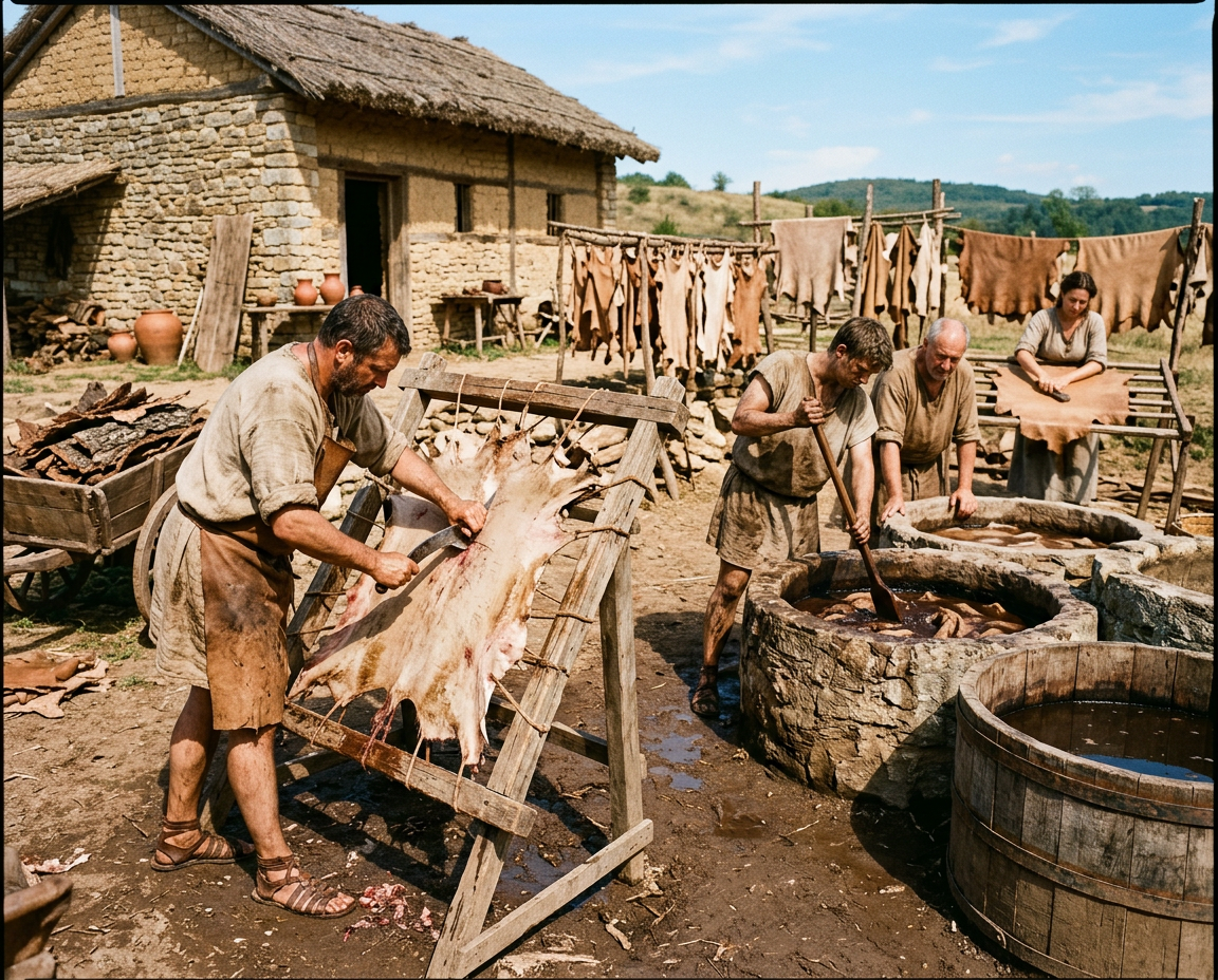 Traditionelles Gerberhandwerk: So wurden Tierhäute in der Antike zu geschmeidigem und robustem Leder verarbeitet. Antiker Gerbprozess: Manuelle Bearbeitung und Trocknung von Tierhäuten nach jahrhundertealter Tradition.