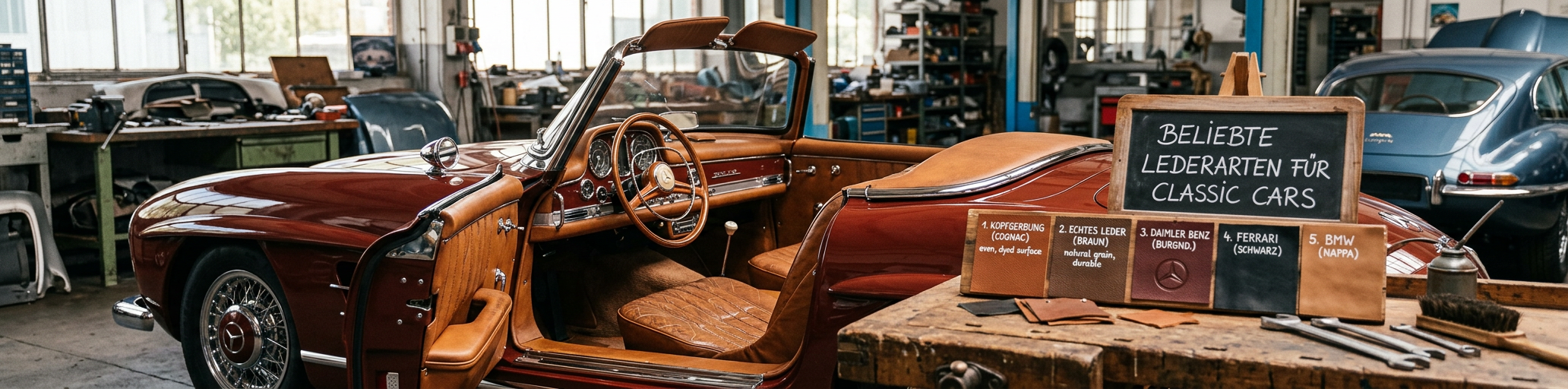 Auswahl hochwertiger Lederarten für Classic Cars von Daimler Benz – kopfgefärbtes Leder für Oldtimer.