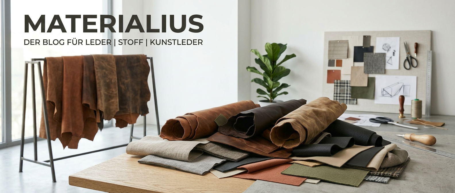 Materialius – Blog für Leder, Stoff & Kunstleder Materialius Blog-Header mit Lederhäuten, Stoffen und Kunstleder im Atelier