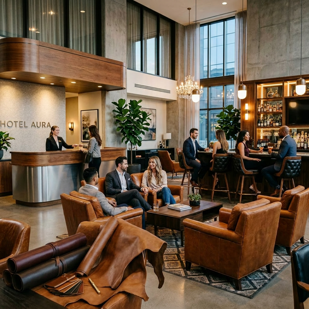Premium Objektleder und Lederhaeute fuer Hotelprojekte Materialauswahl im Hotel mit ausgelegten Lederhaeuten und einer Musterkollektion fuer exklusive Objekteinrichtungen