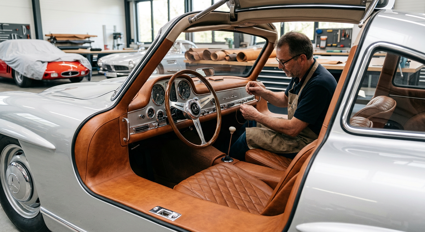 Echtes Oldtimerleder für Classic Cars: Meisterschaft in Handarbeit am Daimler Benz für Wert und Schönheit. Sattler Polsterer restauriert Sitze im Daimler Benz Oldtimer mit echtem, kopfgefärbtem Leder für Classic Cars.