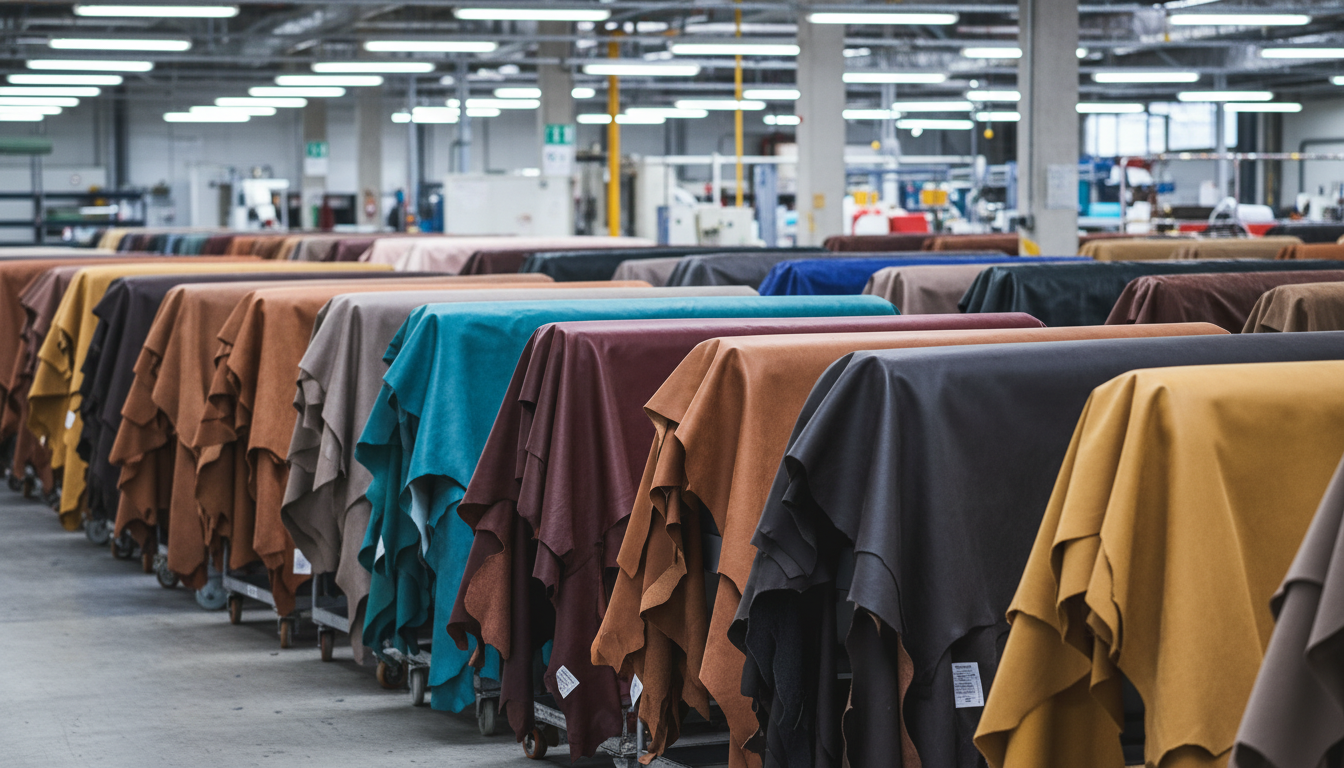 Vielfältiges Lederlager mit sortierten Tierhäuten in verschiedenen Farben für hochwertige Lederverarbeitung.