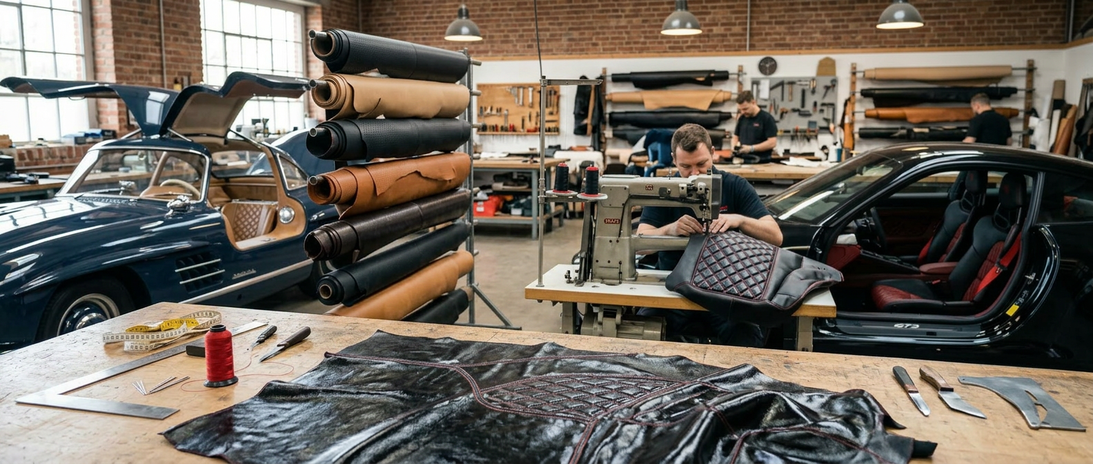 Meisterhafte Leder-Sonderfertigung für Restauratoren und Tuning-Enthusiasten Präzise Näharbeiten an individuell sondergefertigtem Leder in einer österreichischen Leder-Manufaktur für Klassiker und Sportwagen.