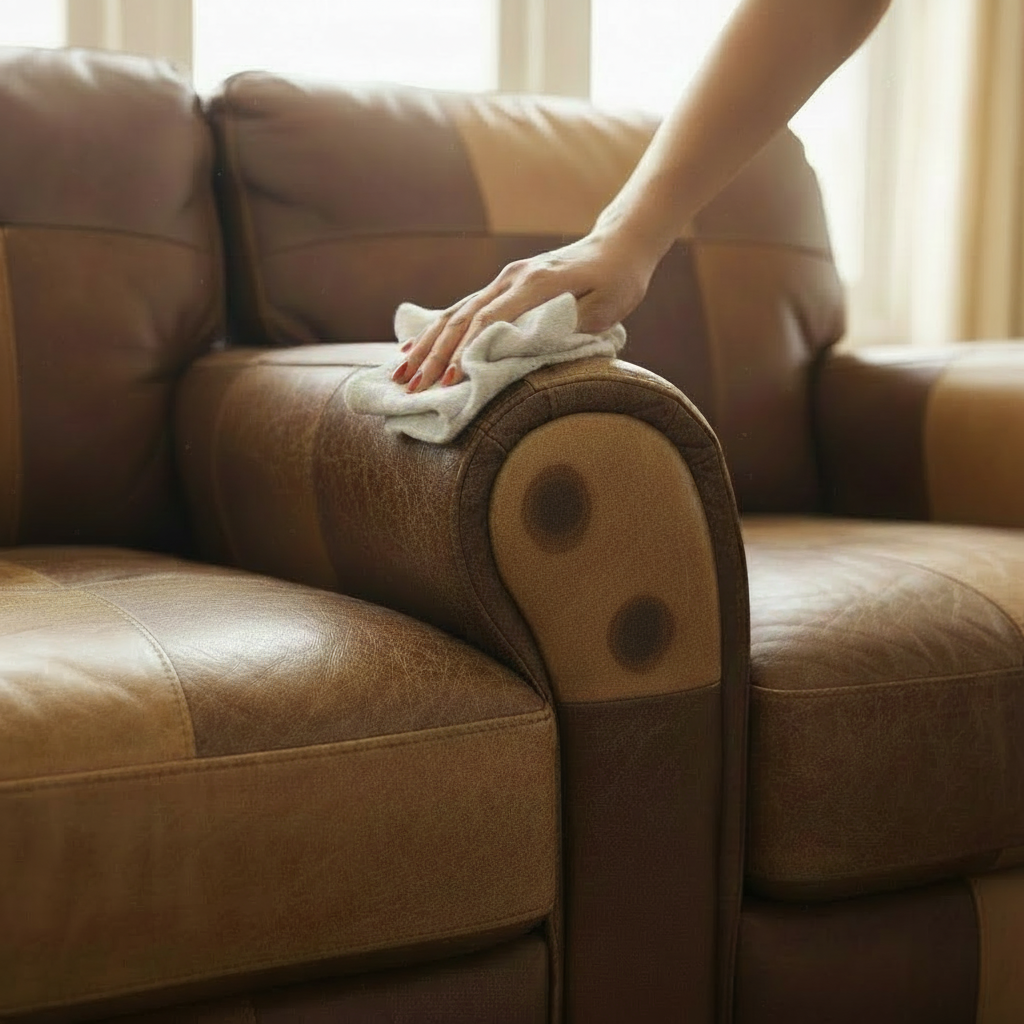 Vintage-Leder Vorher – Fleckige Oberfläche vor der Reinigung im Shabby-Stil. Verschmutztes Lederinterieur im Vintage-Stil vor der fachgerechten Instandsetzung mit dem KERALUX Set V.