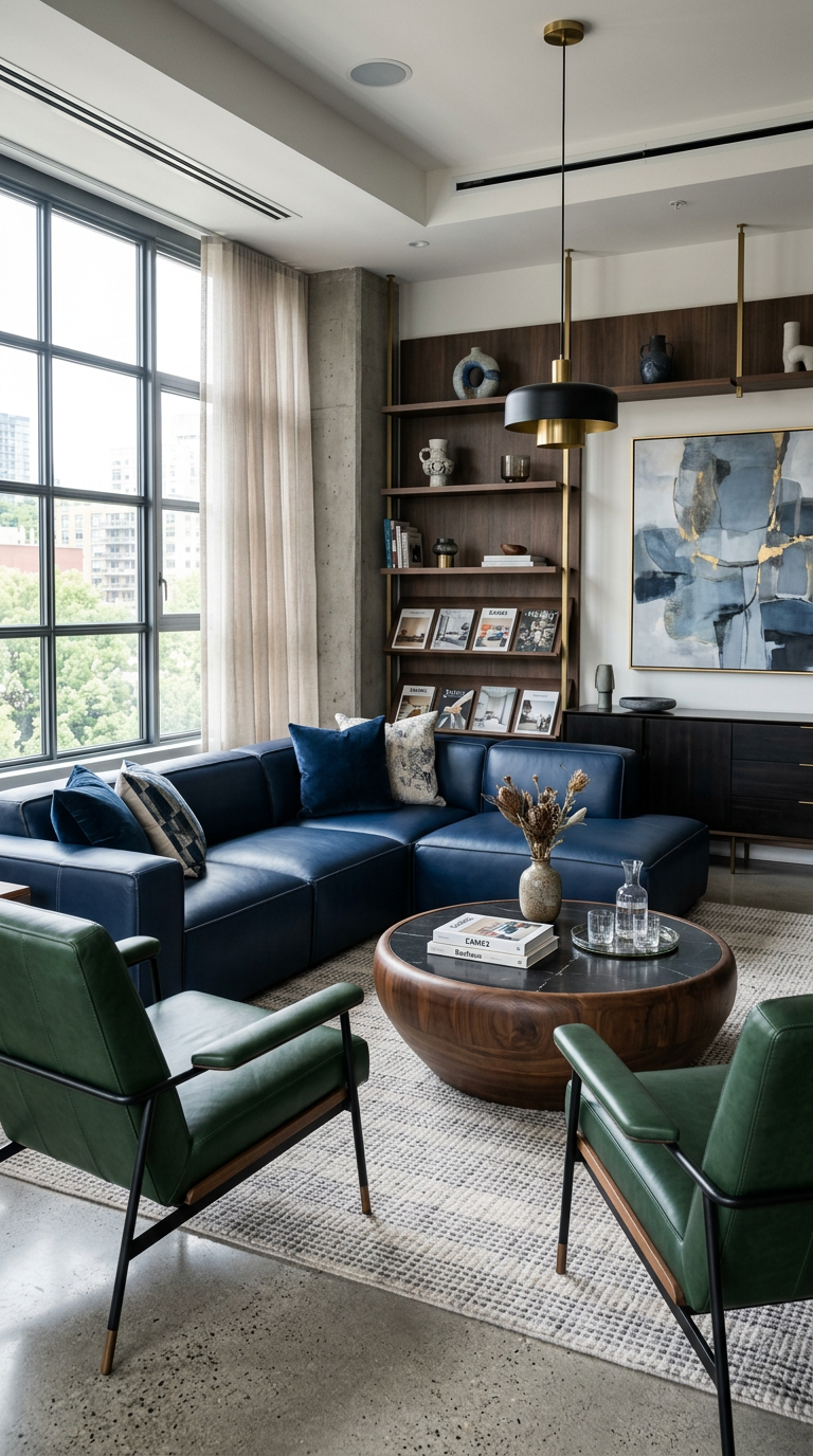 Premium Objektleder fuer exklusives Innendesign Stilvolle Innenarchitektur mit einer hochwertigen Echtleder Couch in Dunkelblau und passenden grünen Polstersesseln