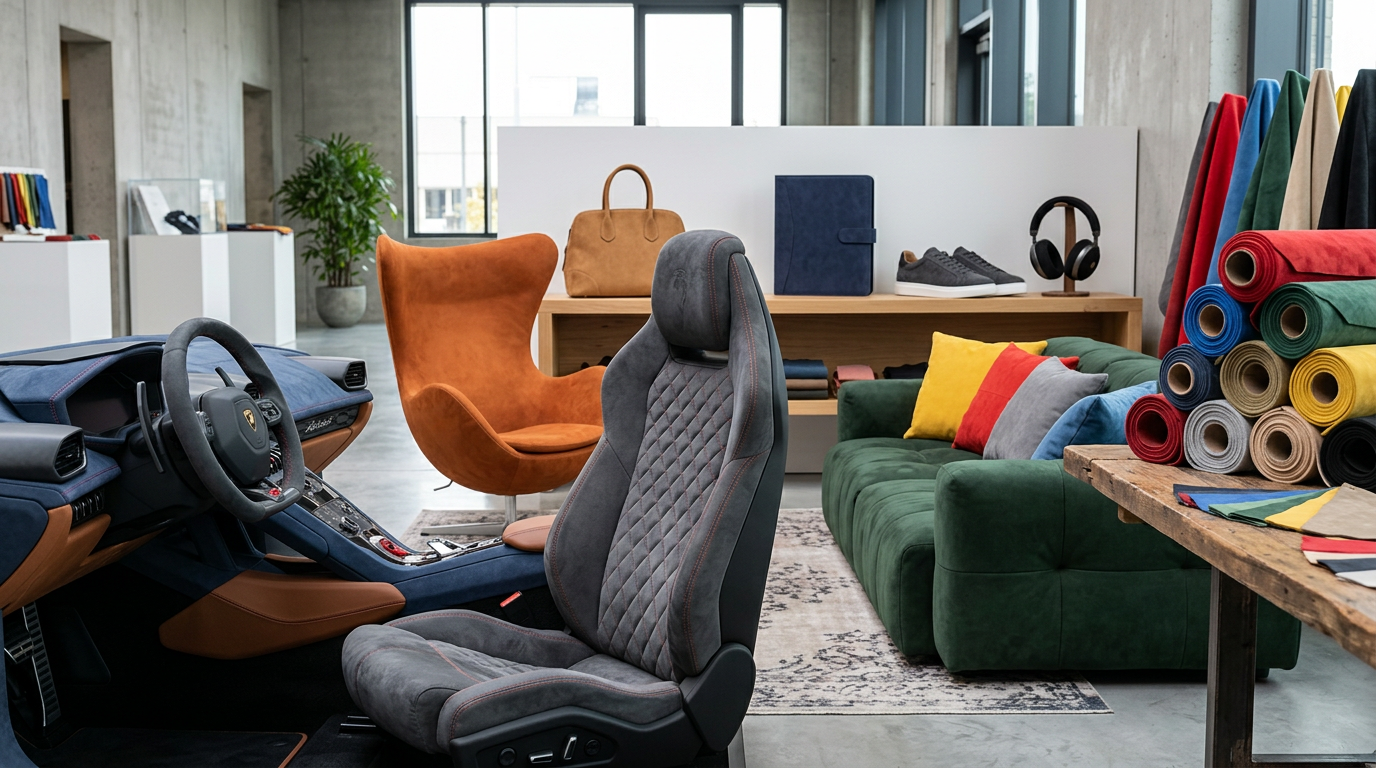 Verschiedene Produkte aus Alcantara-Stoffen, inklusive Farbmuster-Rollen und veredelten Oberflächen für Handwerksprojekte.