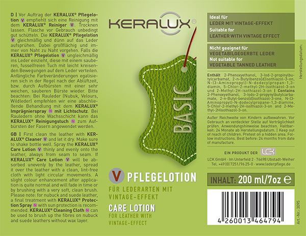 KERALUX Set V Gebrauchshinweise – Effektive Pflege für Leder im Vintage-Look. Anwendungsschritte auf dem KERALUX Set V zur fachkundigen Reinigung und Erhaltung der Patina bei Vintage-Leder.