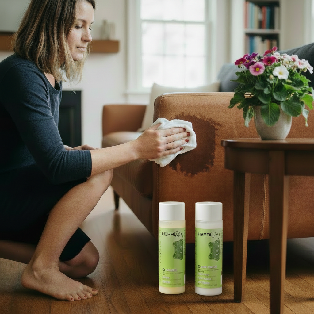 Vegetabiles Leder Vorher – Verschmutztes Naturleder vor der sanften Reinigung. Natürliches, vegetabil gegerbtes Leder mit Schmutzflecken vor der Behandlung mit dem ökologischen KERALUX Set.