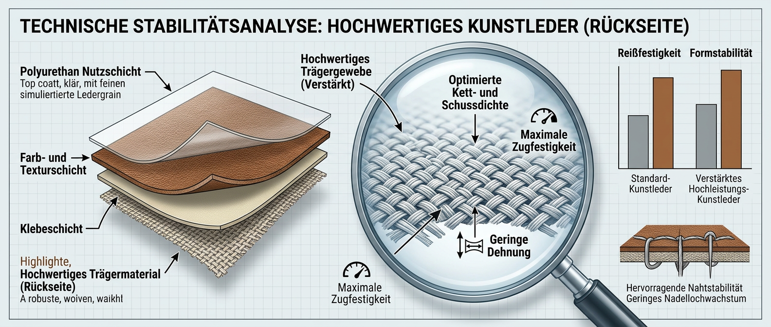 Polsterkunstleder Meterware im Check: Optimiertes Trägergewebe für höchste Scheuertouren und Nahtstabilität bei Polstern.