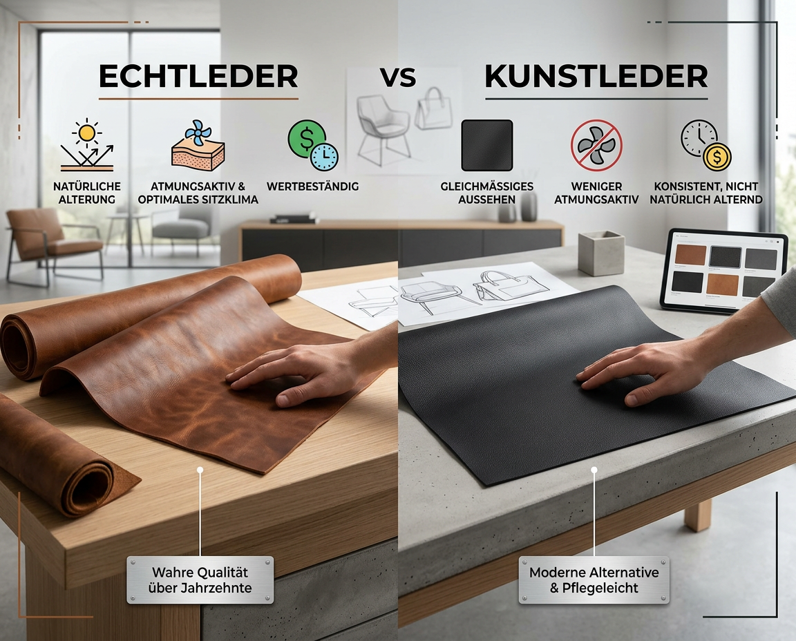 Leder oder Kunstleder? Der große Materialvergleich für Ihr Projekt. Echtes Leder und Kunstleder im direkten Vergleich der Materialstruktur