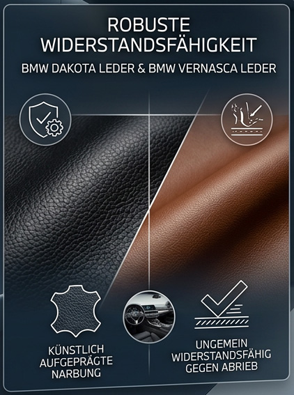 Widerstandsfähiges BMW Dakota und Vernasca Leder für den Werterhalt des Fahrzeugs bei projektleder.at.