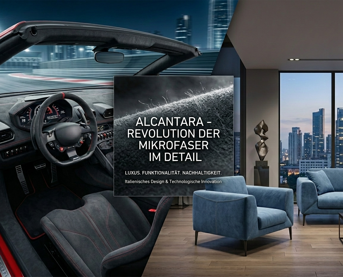 Die Welt von Alcantara: Luxus und Nachhaltigkeit im Fokus Headergrafik für den Alcantara-Guide mit Fokus auf italienisches Design, textile Innovation und die Symbiose aus Funktionalität und Ästhetik.