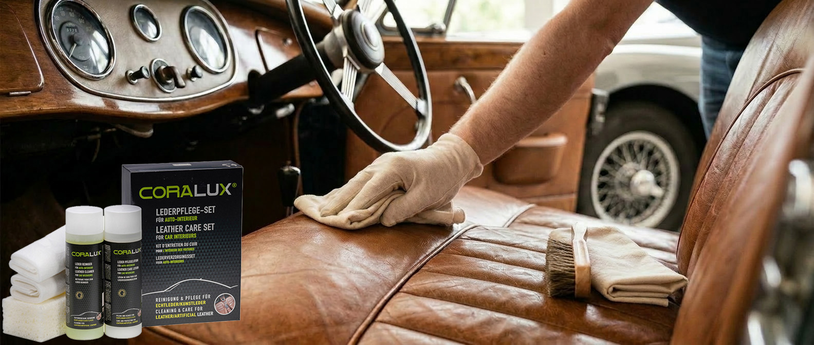 Oldtimerleder richtig pflegen: Reinigung kopfgefärbter Leder-Sitze im Classic Car mit dem CORALUX Lederpflege-Set.