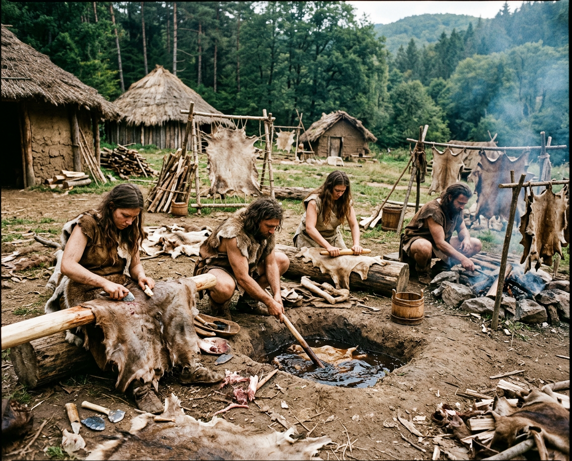 Die Lederherstellung in der Steinzeit: Wie Tierhäute durch frühe Gerbmethoden zu langlebigem Leder wurden. Geschichte der Ledergerbung: Urzeitliche Verarbeitung von Tierhäuten zu Leder in einer Siedlung der Steinzeit.