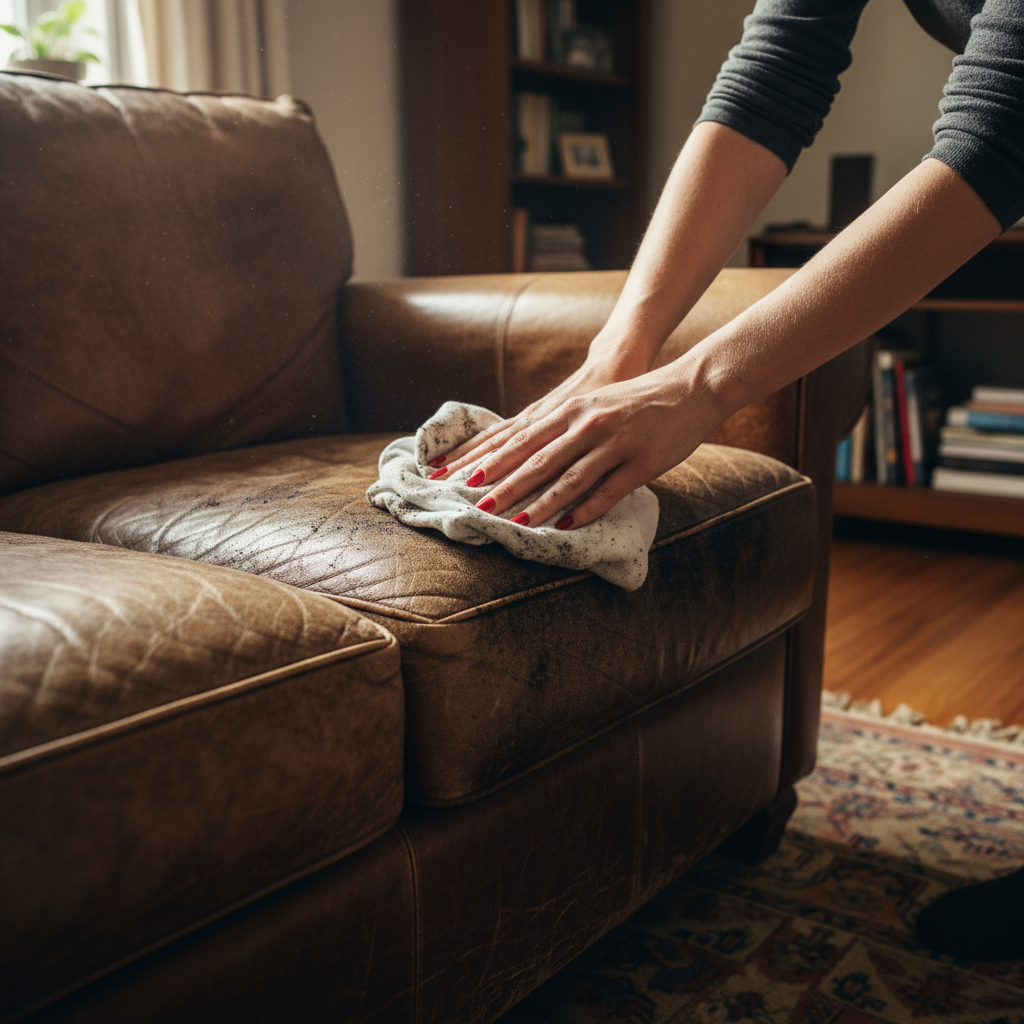 Leder-Verspeckung Vorher – Unhygienische Fettstellen auf der Sitzgarnitur. Speckige Kopfstütze und glänzende Armlehnen auf Leder vor der Spezialreinigung mit dem KERALUX Fettlöser-Set.
