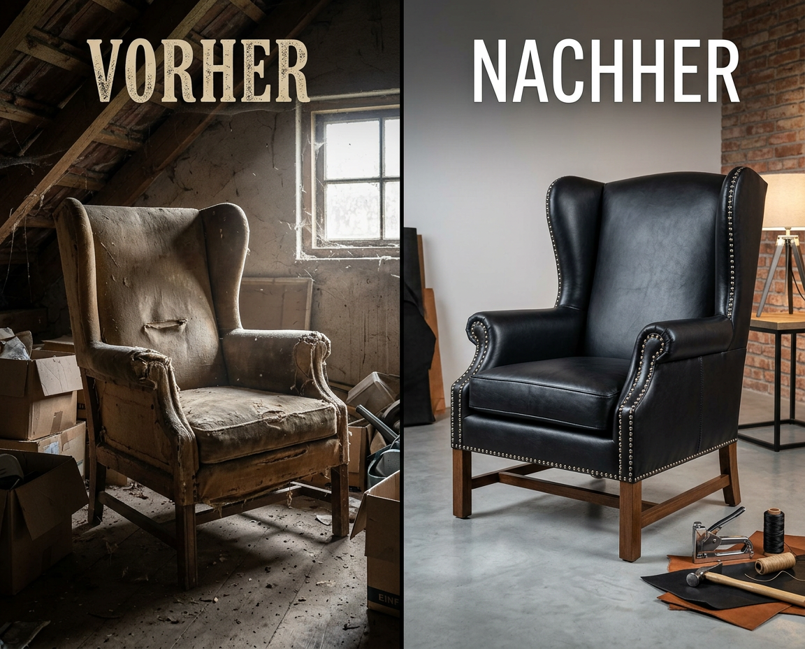 Direkter Vergleich eines alten Sessels vom Dachboden und des fertig tapezierten Ergebnisses mit hochwertigem Echtleder.