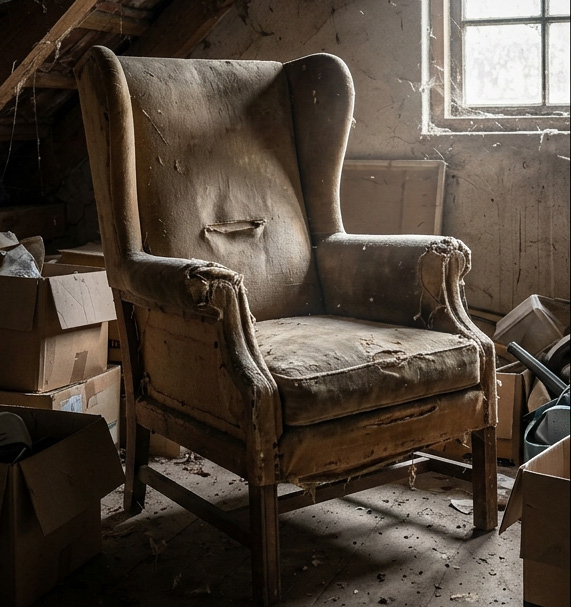 Alter Sessel am Dachboden gefunden – ideales Projekt zum Tapezieren mit hochwertigem Möbelleder.