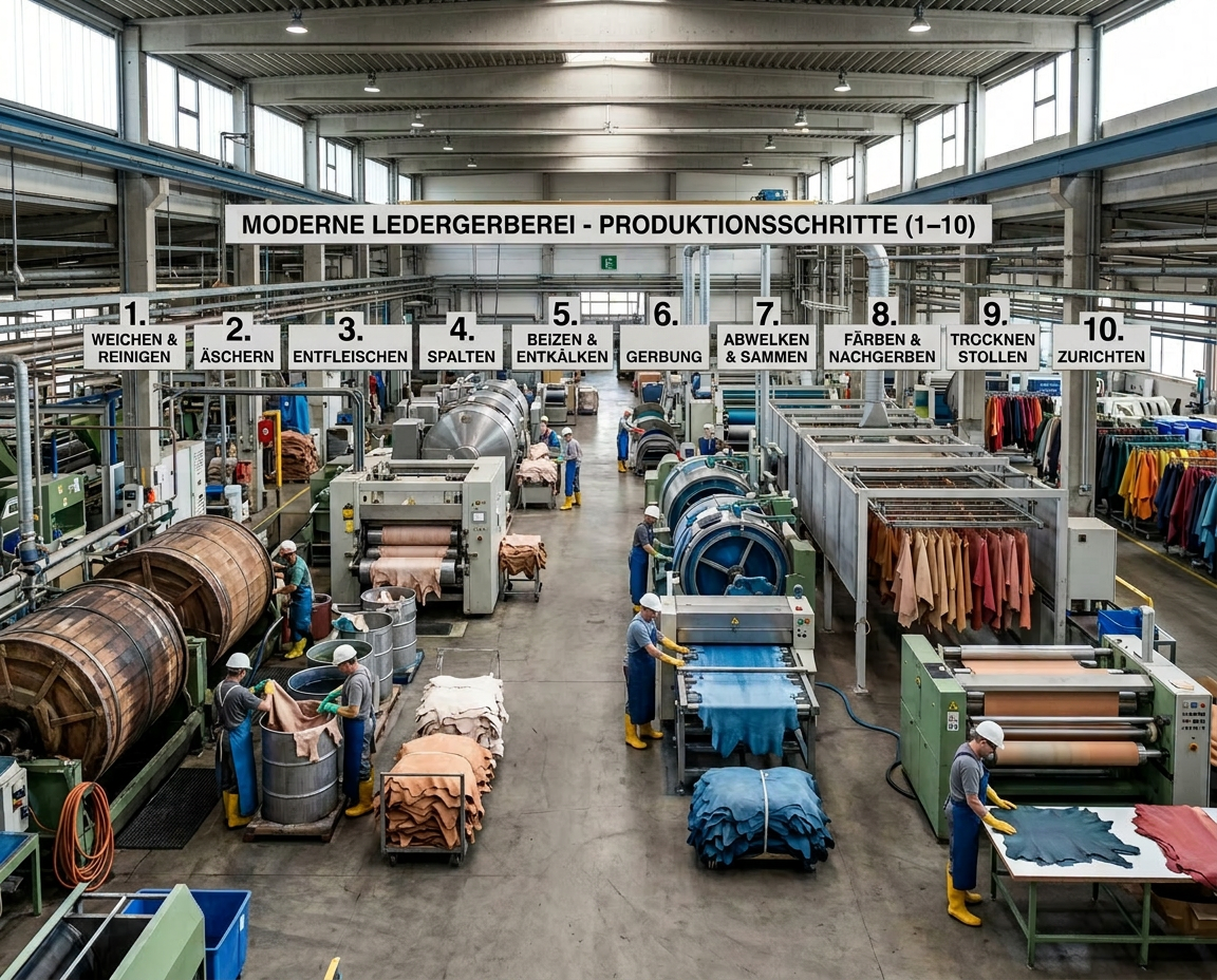 Professionelle Ledergerbung in einer modernen Fabrik. Darstellung der einzelnen Phasen der Ledererzeugung.