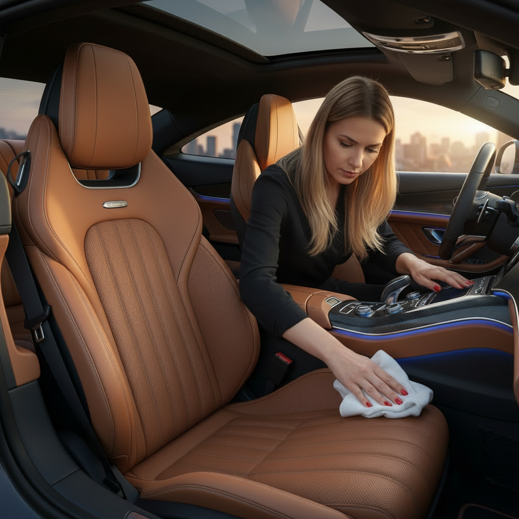 Wagenleder Vorher – Verschmutzte Sitzflächen im Fahrzeug-Interieur. Verschmutztes Wagenleder mit Flecken und deutlichen Gebrauchsspuren vor der Anwendung des CORALUX Lederpflege-Sets.